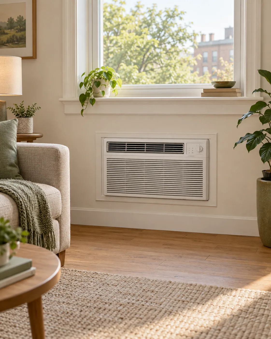 An illustrative apartment living room with a through-the-wall air conditioner below the window, a linen sofa, and warm afternoon light.